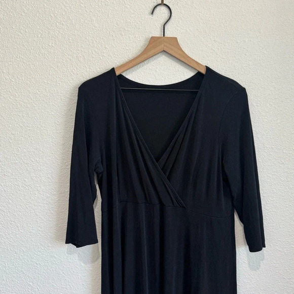 Eileen Fisher Womens Large 100% Silk Dress Surplice Midi Minimalist Modest Black - Picture 2 of 11
